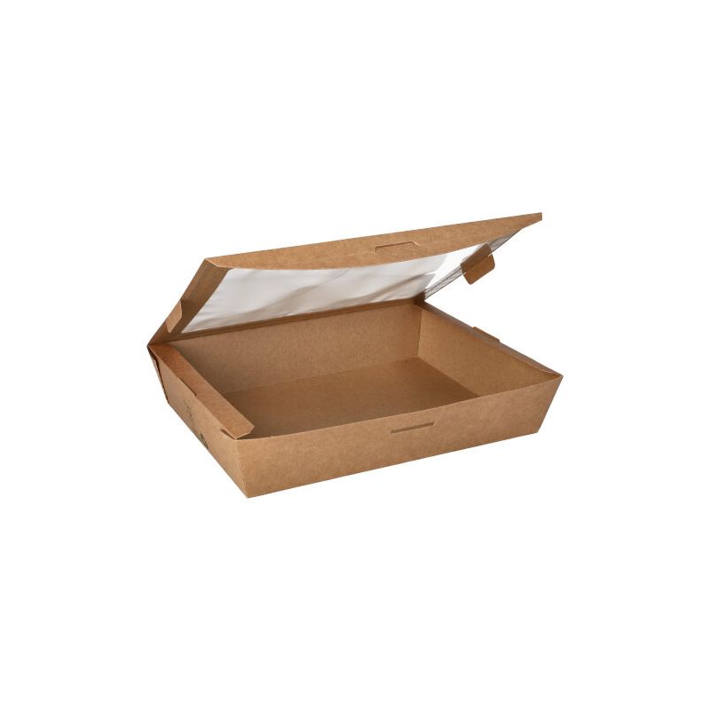 Feinkostboxen, Pappe mit Sichtfenster aus PLA "pure" eckig 1500 ml 18 x 22,5 cm x 4,5 cm "100% Fair" - Bild 1