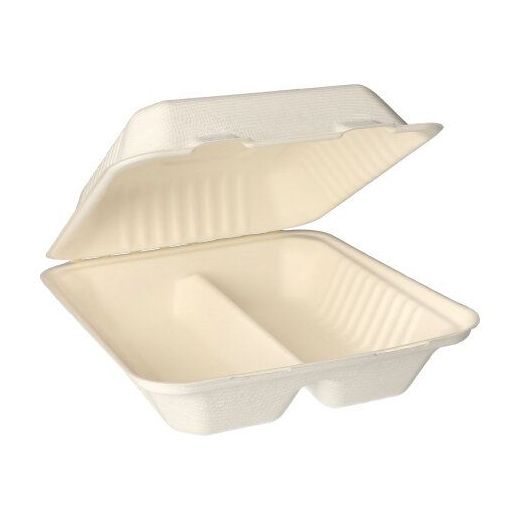 Bio menuboxen suikerriet "pure" 2-vaks 20 cm x 22 cm PFAS-vrij bagasse wit 1