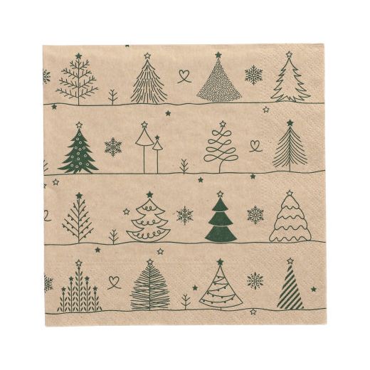 Servetten 3-laags 1/4 vouw 33 cm x 33 cm natuur "Various X-Mas Trees" gemaakt van gerecycled papier 1