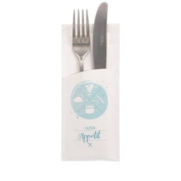 Bestekzakjes 20 cm x 8,5 cm wit met opdruk "Guten Appetit" inclusief wit servet 33 x 33 cm 2-laags