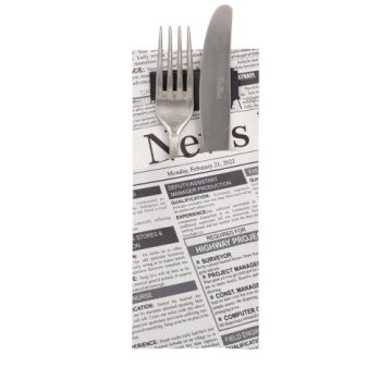 Bestekzakjes 20 cm x 8,5 cm zwart/wit "Newsprint" incl. zwarte servet 33 x 33 cm 2-laags