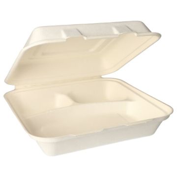 Bio menubox suikerriet "pure" 24 x 24 x 8 cm 3-vaks PFAS-vrij bagasse wit