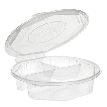 Menuboxen met deksel, PP 3-vaks 5,9 cm x 21,5 cm x 21,5 cm transparant 8-hoekig