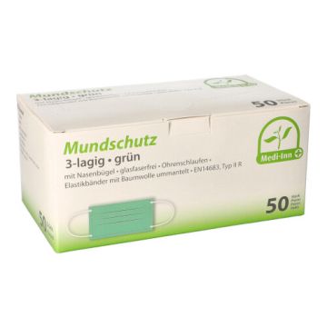 "Medi-Inn®" Mundschutz Type IIR 3-lagig 9 cm x 17,5 cm groen met neusbeugel en elastische bandjes