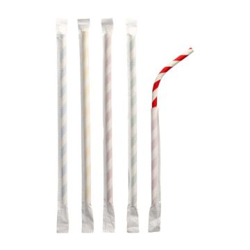 Buigbare drinkrietjes van, papier Ø 6 mm · 20 cm assorti "Stripes" per stuk verpakt, papieren buigrietjes gestreept individueel verpakt, FSC