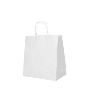 Papieren draagtassen van kraftpapier 27 cm x 32 cm x 21,5 cm wit met gedraaid handvat