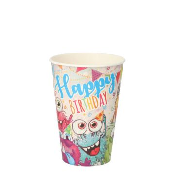 Drinkbekers van karton 0,2 l Ø 7 cm · 9,7 cm assorti kleuren "Funny Monsters", FSC, feestbekers met monsters