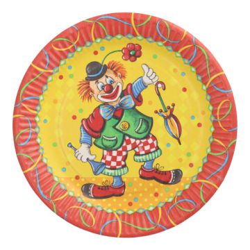 Kartonnen feestborden met clown motief, rond Ø 23 cm, feestelijke papieren borden van "Biobased Party"