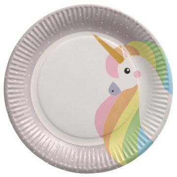 Kartonnen feestborden met "Eenhoorn" motief, rond Ø 23 cm, "Biobased Party" "Unicorn" borden van karton