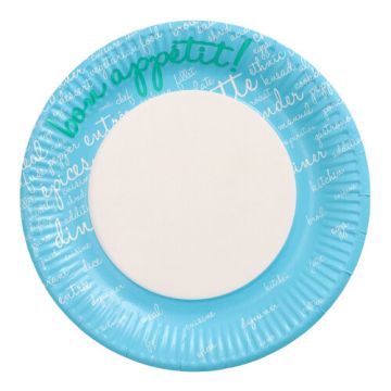 Kartonnen borden met blauwe rand, rond Ø 23 cm "Table Pleasures, papieren borden, FSC