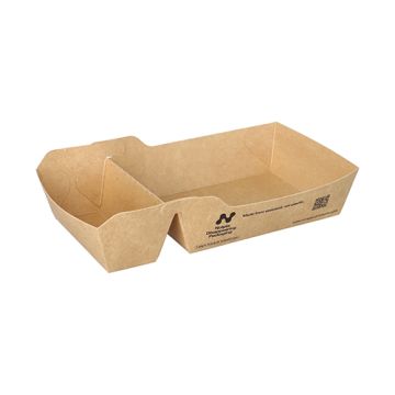 100% plasticvrij snackbakje / frietbakje met Notpla coating en sausvak 10 x 19 cm FSC