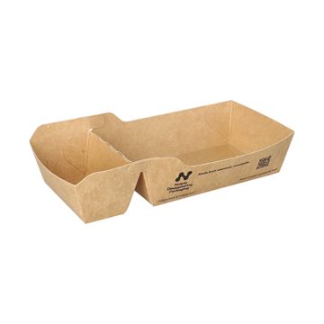 100% plasticvrij snackbakje / frietbakje met Notpla coating en sausvak 9 x 18 cm FSC