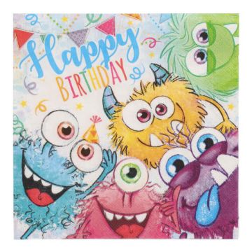 Servetten 3-laags 1/4 vouw 33 cm x 33 cm "Funny Monsters", FSC, feestservetten