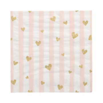 Servetten 3-laags 1/4 vouw 33 x 33 cm FSC "pink met gouden hartjes"