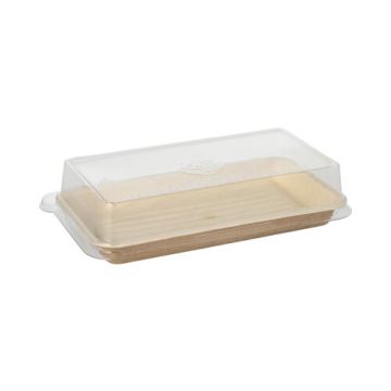 Sushi schalen van palmblad rechthoekig 100 ml 4,3 cm x 18,4 cm x 10,4 cm samen met rPET deksels, combi-verpakking