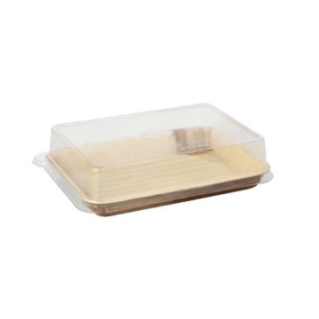 Sushi schalen van palmblad rechthoekig 150 ml 4,4 cm x 17,5 cm x 12,2 cm samen met rPET deksels, combi-verpakking