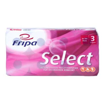 Fripa Select toiletpapier, 3-laags, wit, kussenzacht, 180 vellen WC-papier per rol, PEFC