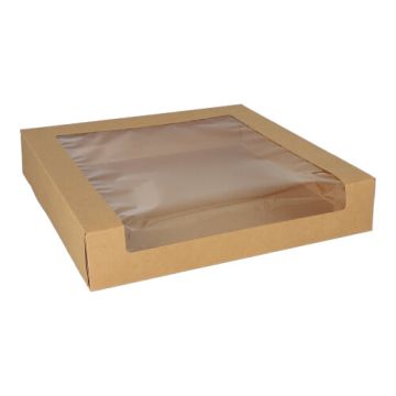 Kraft taartdoos met PLA-kijkvenster 5,5 cm x 30 cm x 30 cm FSC gebaksdoos