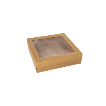 Vensterdoos, cateringdozen vierkant karton 22,5 x 22,5 cm bruin met los deksel en PET-kijkvenster