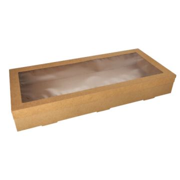 Vensterdoos, cateringdozen rechthoekig karton 25,2 x 55,8 cm bruin met los deksel en PET-kijkvenster