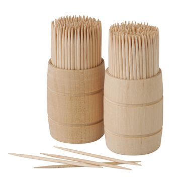 Ronde tandenstokers van hout "pure" 6,8 cm in houten vaatjes, cocktailprikkers